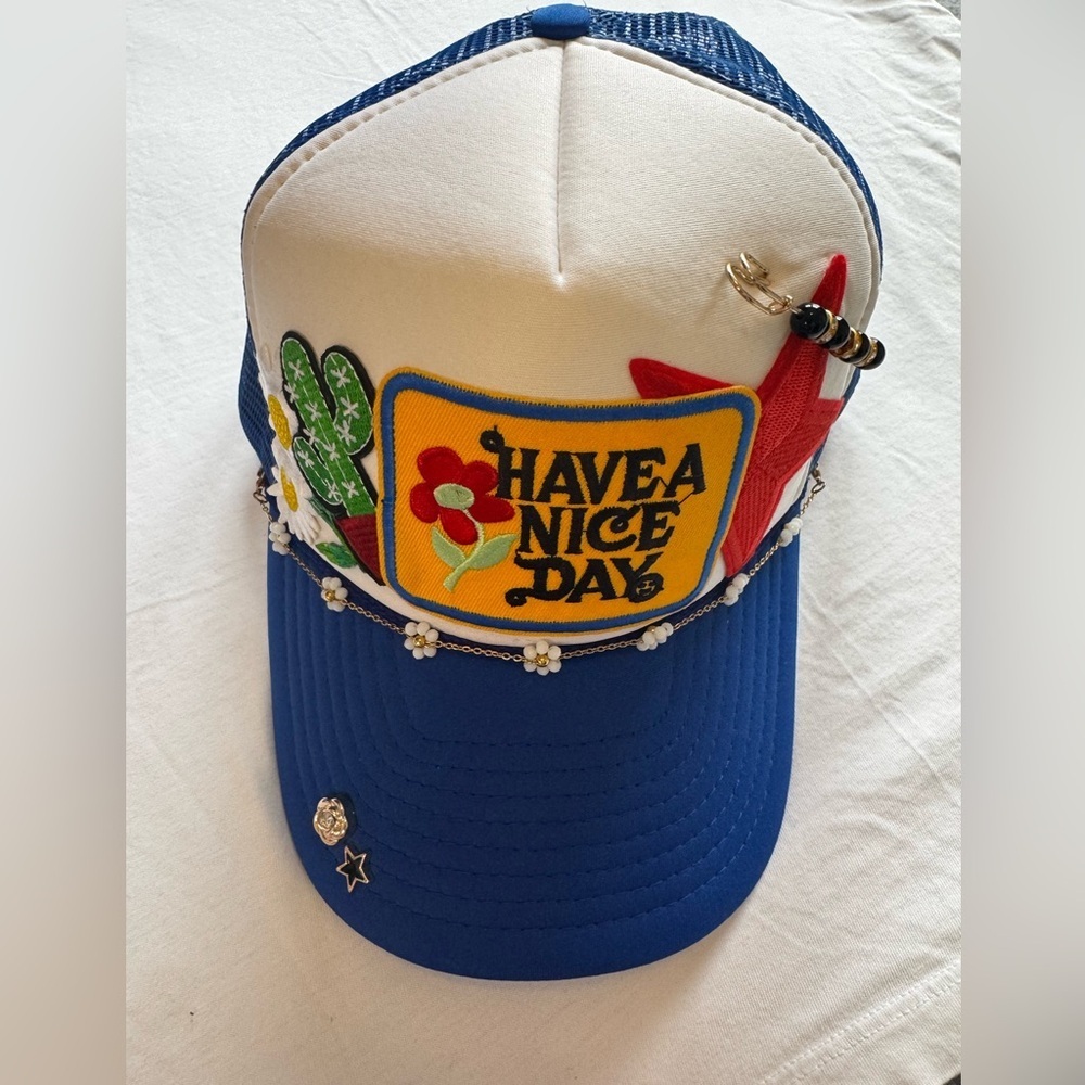 Blue and White Snap back Cap with Fun Patches